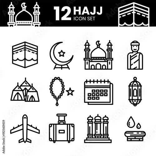 12 Line Icon Set Vector Collection – Kaaba, Mosque, Pilgrim Ihram, Mina Tent, Tasbih, Crescent Moon & Hajj Travel Elements