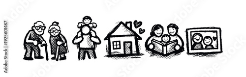 Multi-generational family moments and home icons in a hand-drawn style, depicting love, memories, and care.