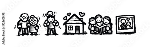Hand-drawn icons depicting multi-generational family and cozy home life, symbolizing love, stories, and connections.
