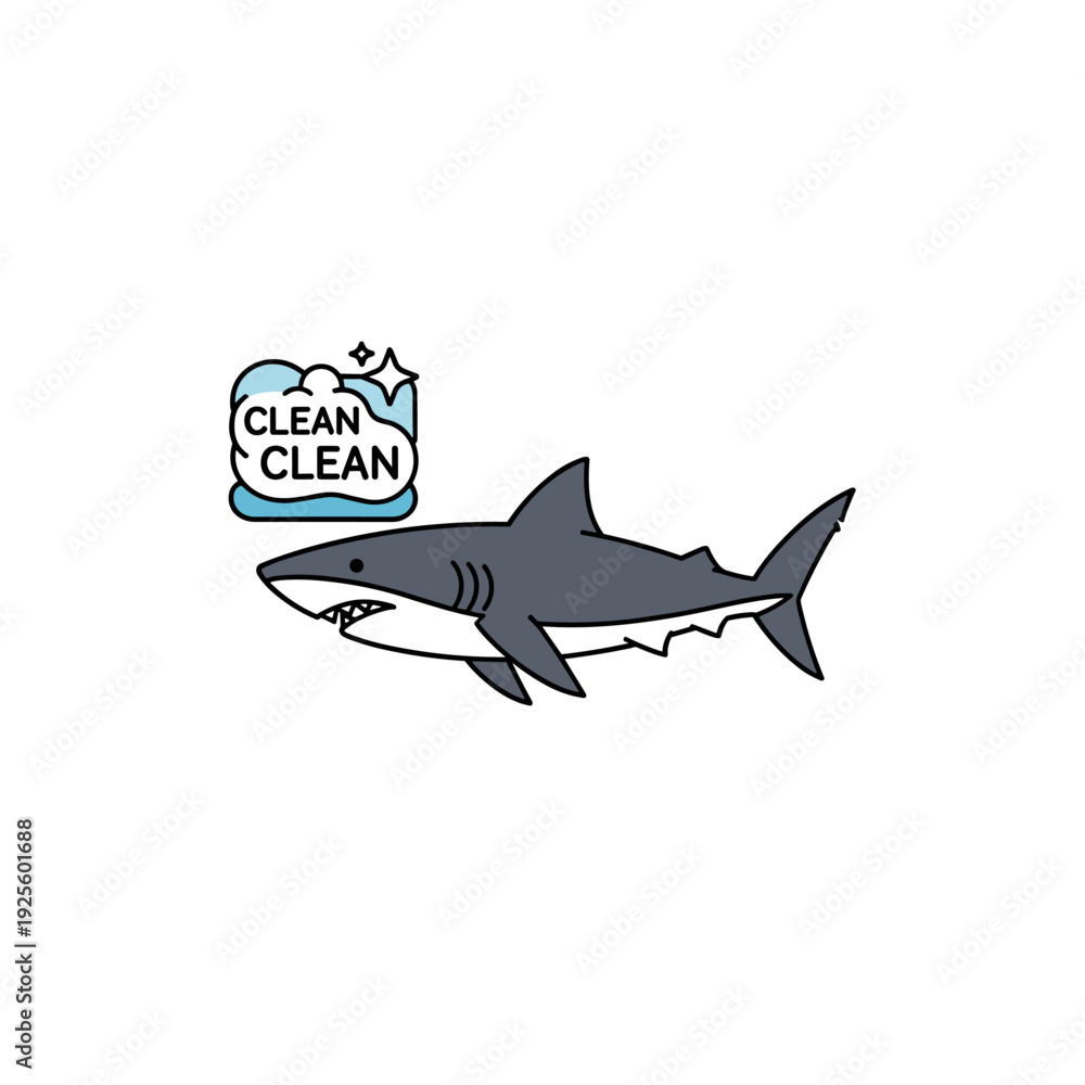Fototapeta premium Cartoon great white shark illustration with clean bubble icon and sparkle effect