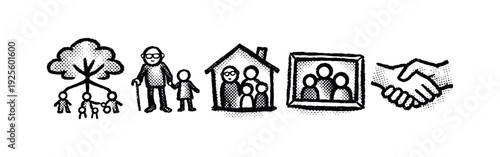 Family Generations, Home, Community, and Partnership Hand Drawn Icon Set