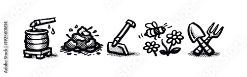 Garden Tools, Composting, Pollination, and Nature Hand Drawn Icon Set
