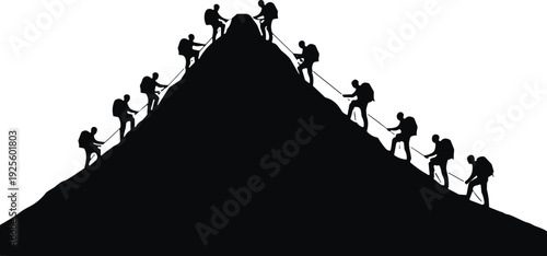 Mountain climbers silhouettes ascending peak, team hiking with ropes isolated on white background vector illustration adventure concept