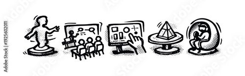 Interactive Presentation and Virtual Reality Doodle Icon Set for Future Education and Technology