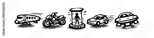 High-Speed Futuristic Transportation and Teleportation Doodle Icons for Sci-Fi Travel