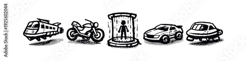 Futuristic Transportation and Teleportation Doodle Icons featuring Train, Car, Motorcycle, and UFO