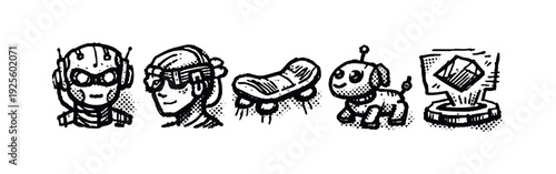 Future technology and AI hand drawn icons set including robot, VR headset, hoverboard, robot dog.