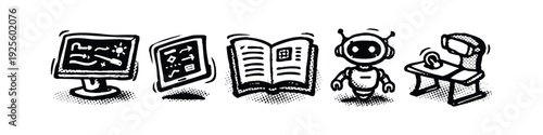 Digital Data Analysis, E-Learning, and AI Productivity Doodle Icons for Work and Study