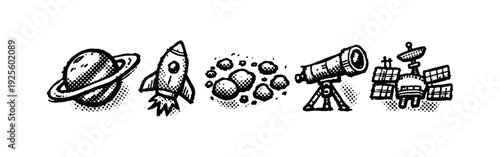 Hand drawn space exploration icons set with planet, rocket, asteroids, telescope, and satellite.