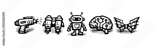 Sci-Fi Gadgets, Robotics, and Human Intelligence Doodle Icons for Future Technology Concepts