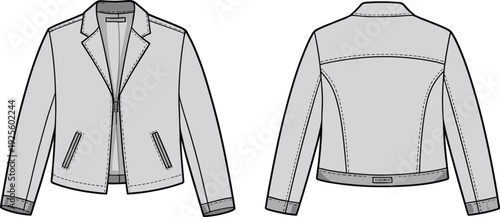 Women's Casual Zip Up Jacket Technical Drawing Illustration Set Featuring Front And Back Views Of A Tailored Lightweight Coat For Apparel Design