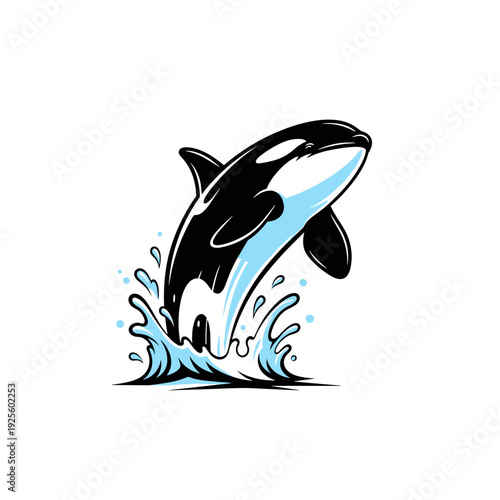 Cartoon killer whale jumping out of water with a splash on a white background