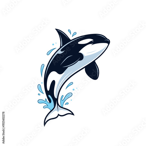 Cartoon killer whale jumping out of water with splashes
