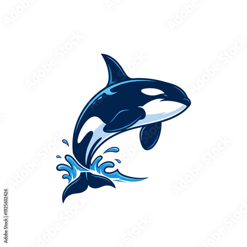 Cartoon orca whale jumping out of water with splash