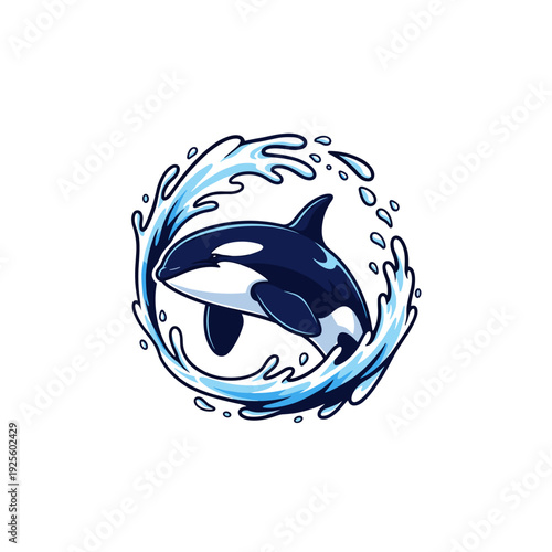 Cartoon orca killer whale splashing in a circle of blue water