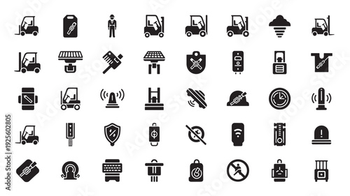 Collection of various industrial and security icons displayed on a digital interface showcasing technology and machinery symbols in black