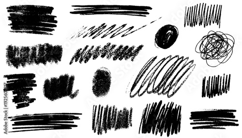 Pencil scribbles, underline stroke set. Crayon different texture shapes, rough round shapes, circles, daubs. Chalk bold texture rectangles, crosshatch effect. Hand drawn vector scribble black strokes
