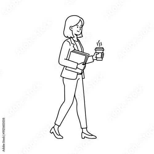 Businesswoman walking with coffee and documents, busy workday black and white line art vector