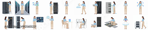 Flat Minimalist Style Illustration Female Engineer Managing Server Room Infrastructure