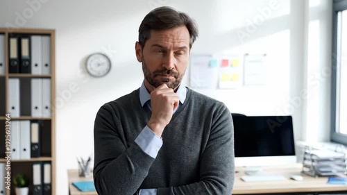 Marketer office thinking with man in grey sweater contemplating ideas in bright workspace. Marketer office scene includes clock on wall and organized workspace with computer.