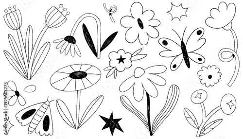 Crayon abstract flowers set. Hand drawn chalk or pencil daisies, chamomile, daisy, aster, chrysanthemum. Kids doodle floral simple elements. Vector primitive, minimal sketchy isolated design elements