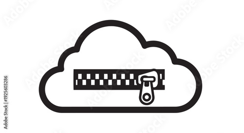 Black and white vector graphic illustration representing cloud data compression or secure file extraction