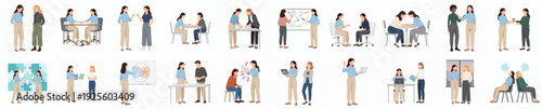 Flat Style Diverse People in Business Meeting and Discussion Illustration Set