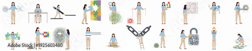 Minimalist Style Businesswoman Character Doing Different Activities and Creative Concept Illustration