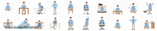 Flat Style Illustration of Office Worker Practicing Mindfulness and Relaxation Pose Set