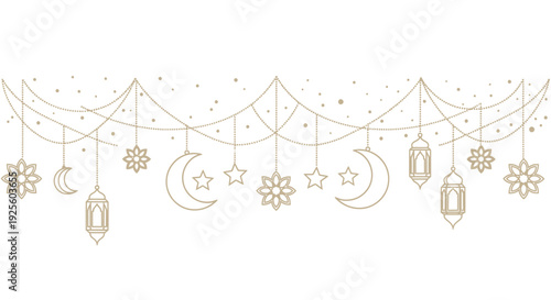 Islamic Ramadan Lanterns and Crescent Moon Decorations.