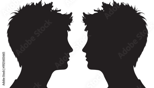 Profiles facing each other silhouette illustration of two young men heads in side view, symmetrical composition for relationship, conversation, psychology, identity concept