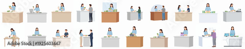 Flat Illustration Set of People Working Behind Reception Desk in Various Poses