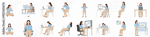 Flat Style Diverse Woman Character Set Working From Home Illustration