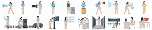Illustration Set of Woman Working with Computer Server and Networking Technologies