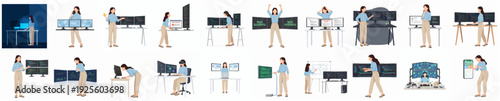 Flat Illustration Set Woman Working with Multiple Computer Screens Character