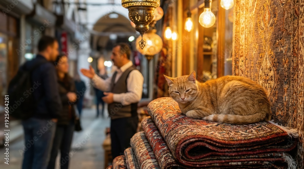 Fototapeta premium Relaxed orange tabby cat on vibrant persian rugs in bustling middle eastern bazaar setting