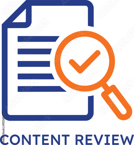 Professional content review icon featuring a blue document outline and orange magnifying glass with a checkmark representing editorial verification quality assurance and accurate information assessmen