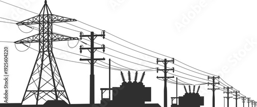 Silhouette of Electrical Power Lines and Transformers on White Background vector illustration