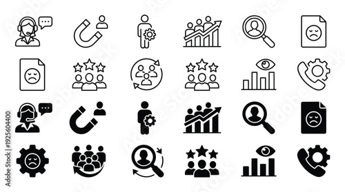A set of monochrome line art icons depicts concepts related to customer service, user feedback, hiring, and performance metrics.