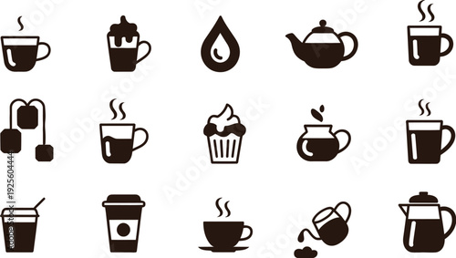 Black and white vector icons of hot drinks including espresso latte tea pots and sweet treats for catering design.