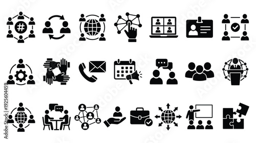 A grid of solid black glyph icons communicates teamwork, global connection, digital communication, meeting organization, and professional collaboration.