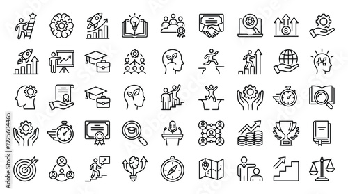 Numerous black outline icons depict concepts related to personal growth, education, achievement, strategy, and success planning.