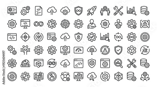A large set of dark line icons illustrates software development, cloud computing, data security, and system configuration elements.