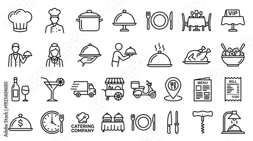A collection of outline icons represents various elements related to restaurant service, food preparation, and catering operations.