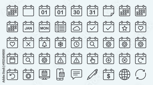 A collection of forty-eight distinct calendar and time management outline icons displays various dates and scheduling symbols.