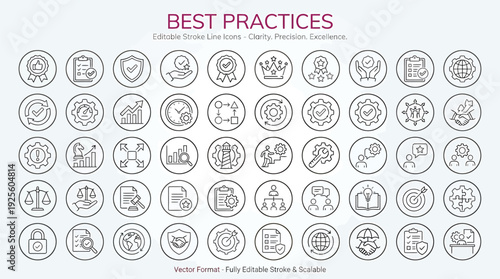 Numerous circular line icons illustrate concepts related to quality assurance, best practices, achievement, and business standards arranged neatly on a light background.