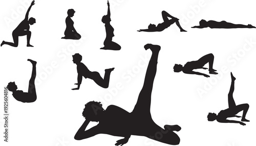 Yoga pose silhouette set with female fitness exercises in stretching positions, black vector figures isolated on white background for wellness, pilates and gym design