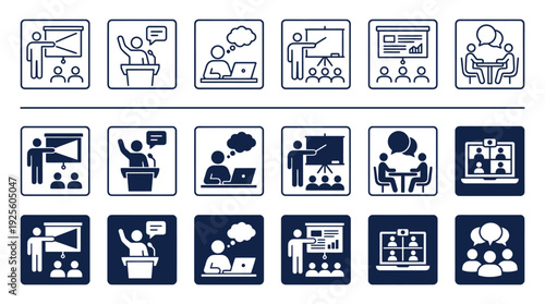 A collection of presentation and collaboration icons are displayed in three distinct visual styles: outlined, filled, and dark mode squares.