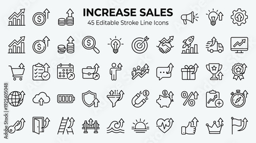 A comprehensive set of stroke line icons illustrates various concepts related to increasing sales and financial growth.