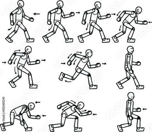 A stick figure is shown in various running poses Vector